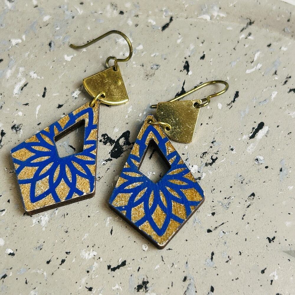 Blue Gold Geometric Wooden Dangle Earrings Boho Statement Jewelry